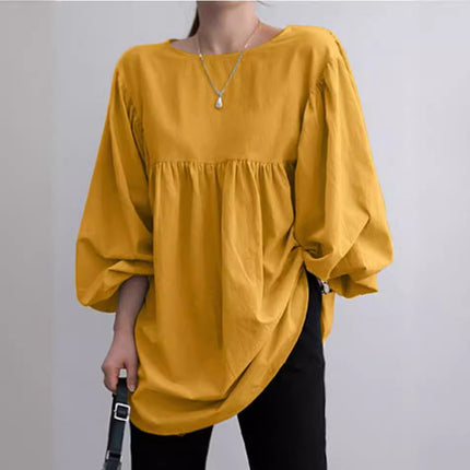 Autumn 2022 New Large Size Women's Cotton and Linen Round Neck Long Sleeve Top Fashion Casual Solid Color Cotton and Linen Shirt for Women