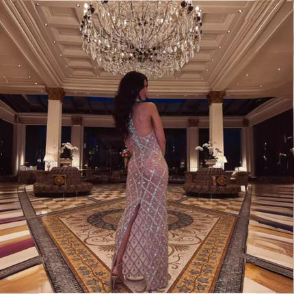 2025 Spring and Summer New Cross-Border Export Women's Sleeveless Halterneck Gold-Covering Hip Ball Small Tail Dress Dress