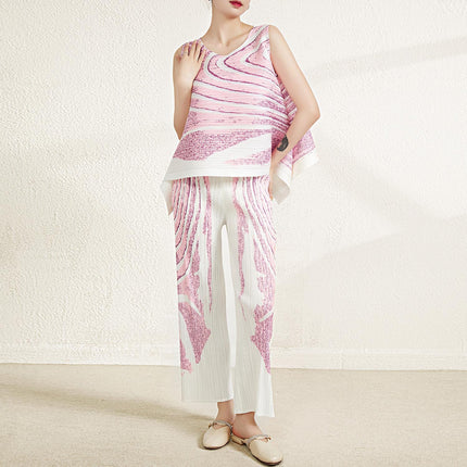 Original Fabric from the Boutique, Issey Miyake Fashion Set, Women's Summer Elegant Loose Sleeveless Top and Pleated Pants Two-Piece Set