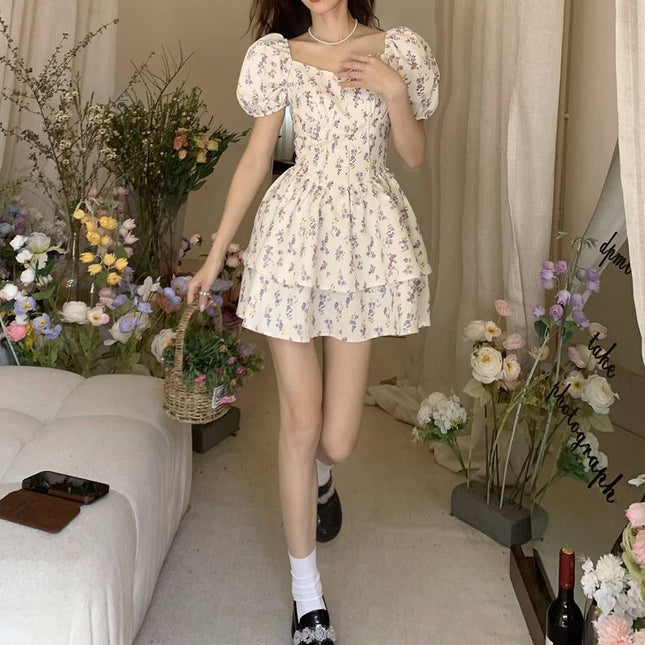 Gentle Style Square Neck Puff Sleeve Floral Dress for Women Summer 2024 New Sweet and Spicy Short Skirt Tutu Skirt