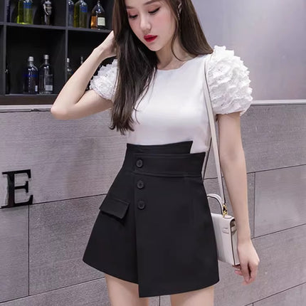 A-Line Wide-Leg Shorts for Women 2025 Spring High-Waisted Slimming Black Suit Design Button Fashion Half Skirt