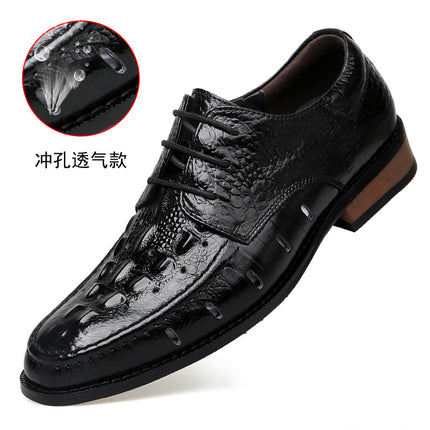Men's Hollow-out Leather Shoes Spring and Summer Low-top Leather Embossed Crocodile Pattern Craft Face Casual Shoes Wooden Base Single Men's Shoes