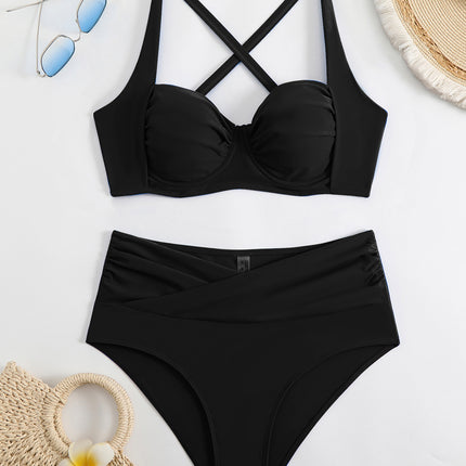 2025 European and American sexy new hard cup solid color high waist swimsuit bikini bikini cross-border TEMU foreign trade