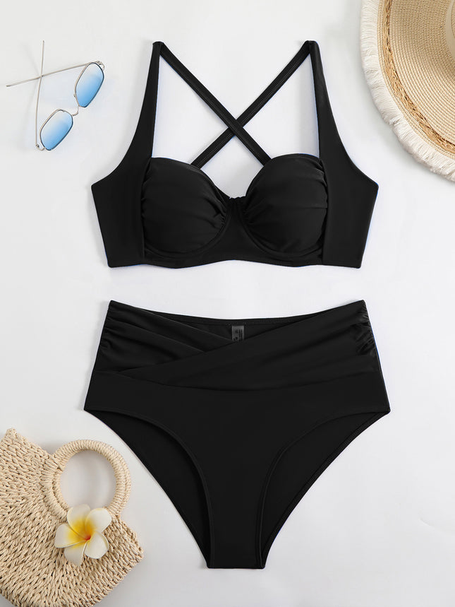 2025 European and American sexy new hard cup solid color high waist swimsuit bikini bikini cross-border TEMU foreign trade