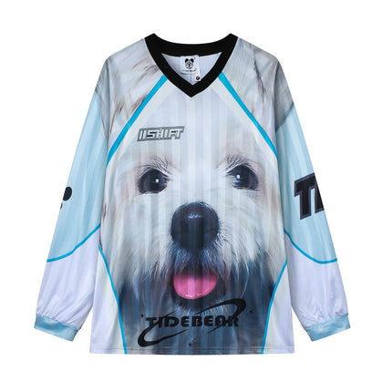American-style Casual Couple Sports Mesh T-shirt V-neck Three-dimensional Cute Dog Print Retro Color Contrast Long Sleeve for Men and Women