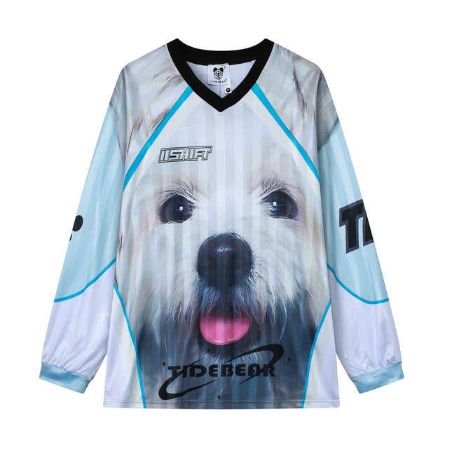 American-style Casual Couple Sports Mesh T-shirt V-neck Three-dimensional Cute Dog Print Retro Color Contrast Long Sleeve for Men and Women