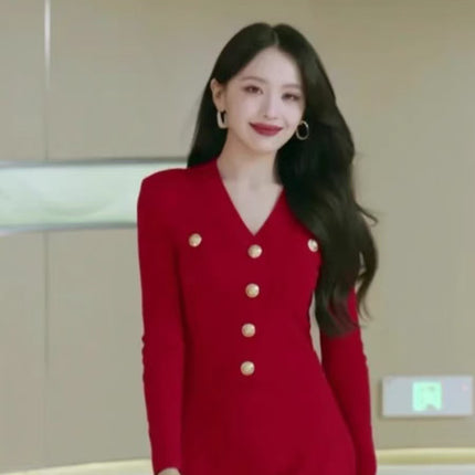 Star Same Style Red Knitted dress Women's Christmas New Year's Daily Engagement Toast Dress Black Tea Style Sweater Dress