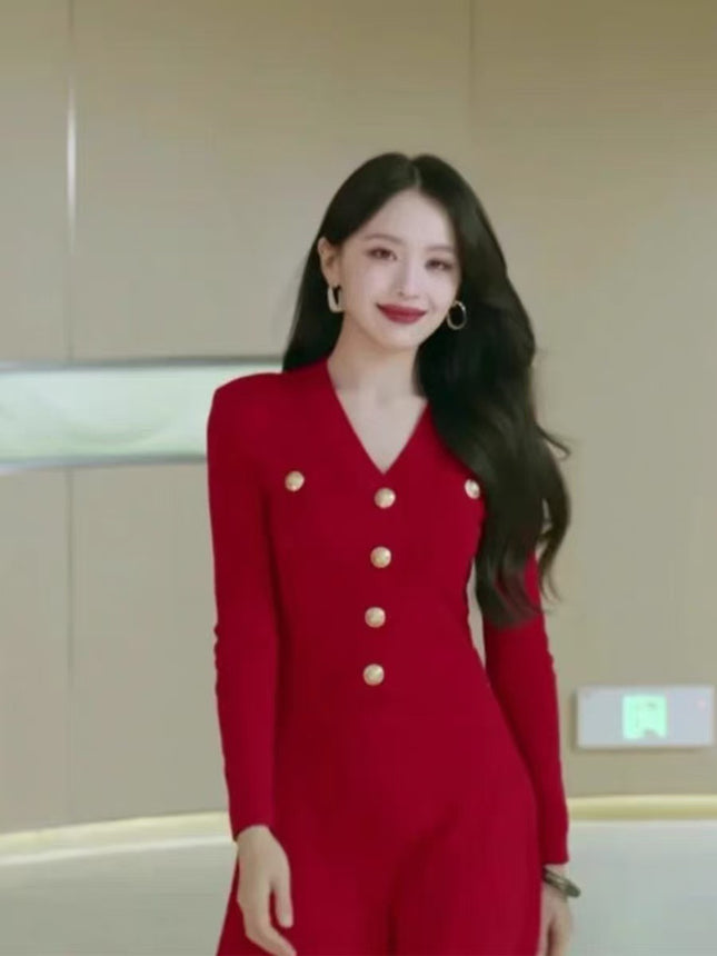 Star Same Style Red Knitted dress Women's Christmas New Year's Daily Engagement Toast Dress Black Tea Style Sweater Dress