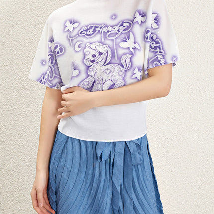 Designer Crewneck T-shirt Women's 2025 New Summer Pleated Cartoon Figure Printed Top Loose Thin T-shirt