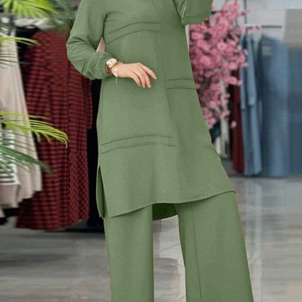 2024 Women's Two-Piece Sportswear Set: Elegant Solid Color Long-Sleeve Shirt and Wide-Leg Pants Set
