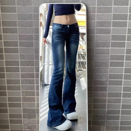 Extended American Retro Cat Print Low-Waist Hot Girl Flared Jeans for Women, Autumn Stretchy Slim-Fit Floor-Length Pants