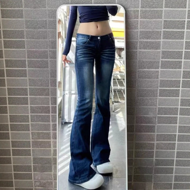Extended American Retro Cat Print Low-Waist Hot Girl Flared Jeans for Women, Autumn Stretchy Slim-Fit Floor-Length Pants