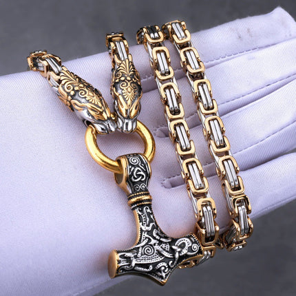 Cross-Border Popular Nordic Rune Hammer Pendant Necklace for Women, Stainless Steel Imperial Chain, Men's Wolf Head Necklace Wholesale