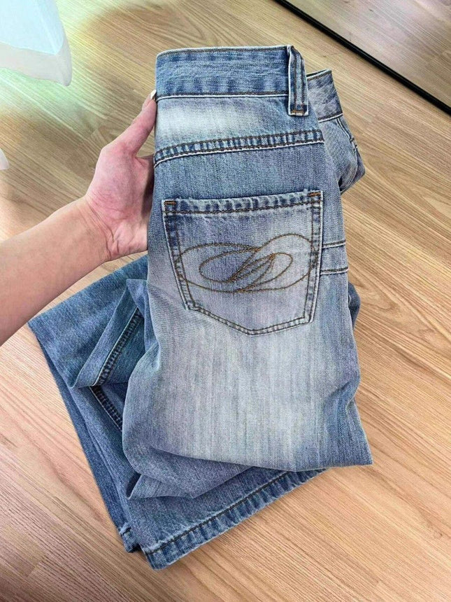 American-Style Autumn New High Street Loose Straight-Leg Jeans for Women with a Designer Feel, Washed Blue High-Waisted Slimming Wide-Leg Pants