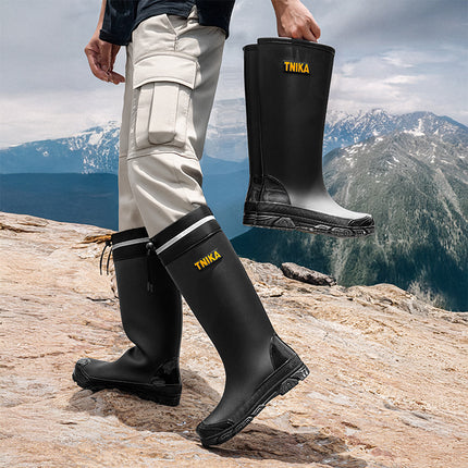 Mountain-Style High-Top Men's Rain Boots, Versatile Reflective Ankle Wading Shoes, Extra High Rubber Shoes, Non-Slip Black Rain Boots
