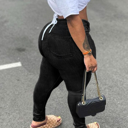 Manufacturer's Supply Temutiktokpop In-Stock Dropshipping Black Denim Pants for Women, High Elasticity, Zipper, Skinny Pants