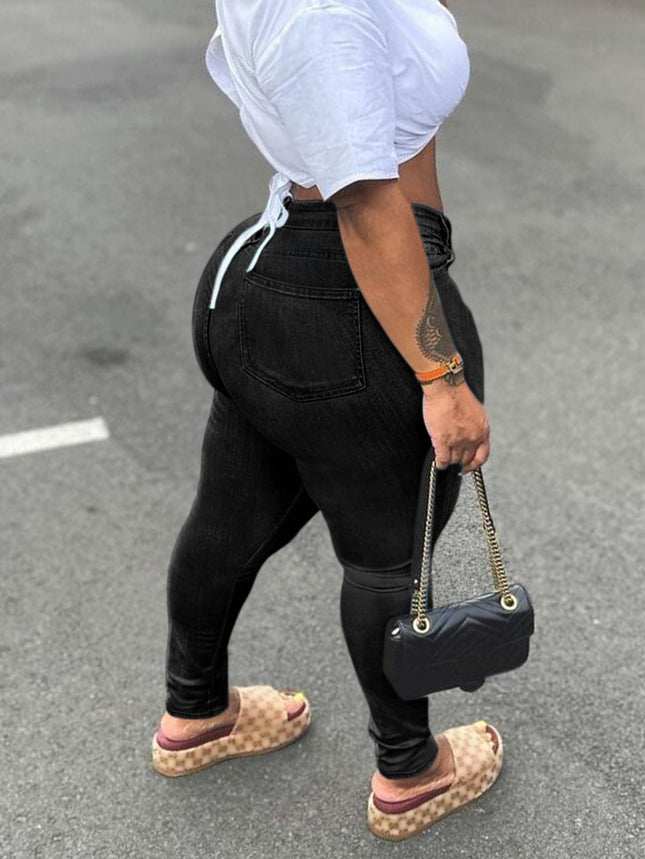 Manufacturer's Supply Temutiktokpop In-Stock Dropshipping Black Denim Pants for Women, High Elasticity, Zipper, Skinny Pants