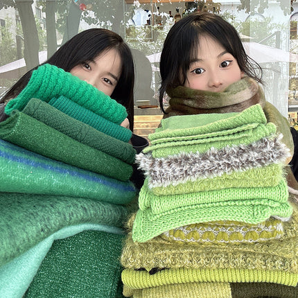 Infinite Forest Green is coming ~ dark blue light blue * white solid color warm scarf green knitted scarf autumn and winter all-matching