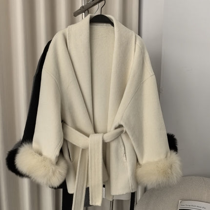 Explosive in stock Autumn and Winter Women's High-end Double-sided Wool Coat Women's Mid-length Removable Real Fox Hair Cuff