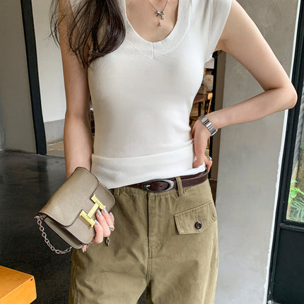 Lyocell Tencel Elegant Mint Green V Neck Right Shoulder Sleeveless Knitwear Women's Summer Pure Desire Slim Versatile Top