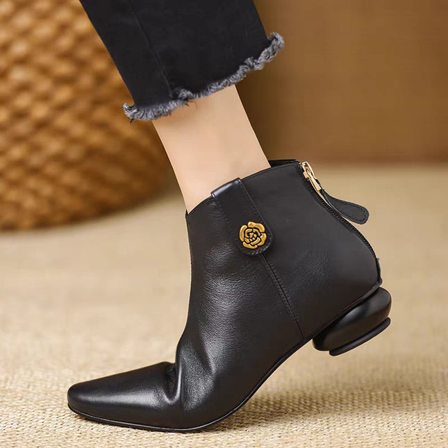 Pointed Toe Ankle Boots Women's Fashion Short Boots Autumn and Winter New Simple and Versatile French Soft Leather Back Zipper Short Boots