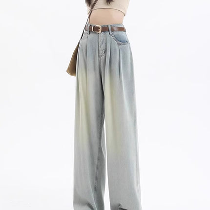 Vintage Pleated Drape Wide-Leg Jeans for Women, Autumn 2025 New High-Waisted Loose Slimming Straight Floor-Length Pants