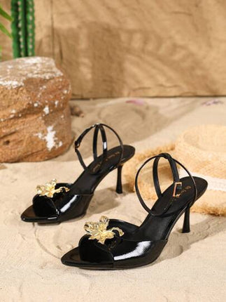 Casual One-Line Strap 2025 Summer New Metal Flower Sexy Open-Toe Women's Stiletto High-Heeled Casual Sandals