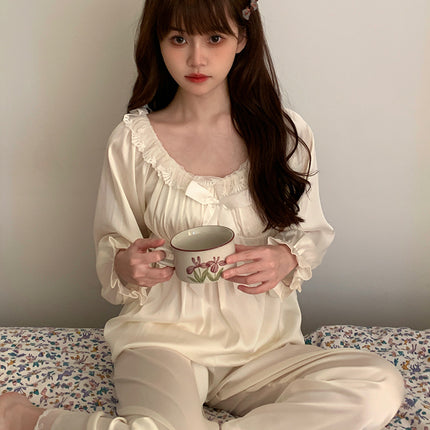 First Love Pajamas Women's Autumn and Winter Ice Silk Long Sleeve Suit Early Autumn French Retro Pure Desire with Hair Tie Home Clothes