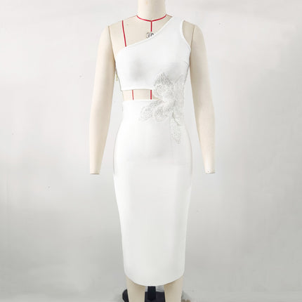 Intellectual style fashion one-shoulder dress elegant high-grade goddess fan waist flower decorative bandage dress for women
