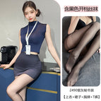 Purple gray [top + skirt + badge + t pants] includes black open crotch pantyhose / One Size