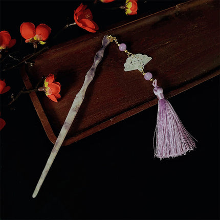Purple Folding Fan Ink Painting Tassel Hair Hairpin Antique High-end Feeling Disc Hair Hairpin Step-up Women's Hanfu Hair Hairpin Headwear