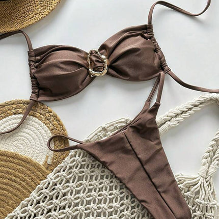 2025 Cross-Border European and American Swimsuit Split Pure Color Glossy Double Fabric Sexy Bikini Bikini Export