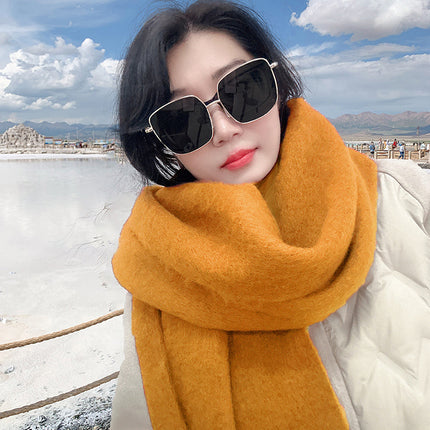 Mohair cold-proof brushed thickened Korean style solid color scarf scarf women's autumn and winter neck protection warm big tassel New