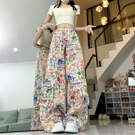 American Graffiti Print Casual Pants Autumn New Design High-Waisted Fashion Workwear Drape Floor-Length Pants for Women