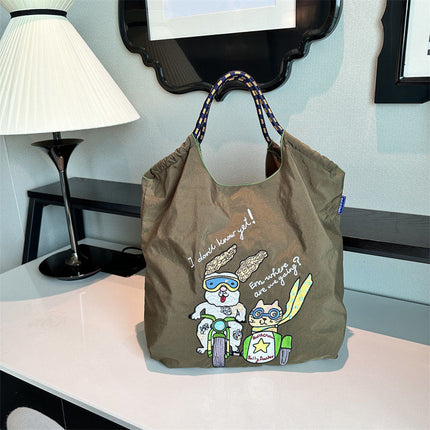 High-Quality Japanese-Style Ball Chain Eco-Friendly Shopping Bag Nylon Fabric Embroidered Floral Tote Nylon Canvas Bag
