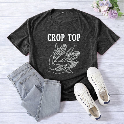 Cross-border Foreign Trade Amazon Crop Top Printed Short-sleeved Women's Summer Casual Loose Round Neck Casual All-match