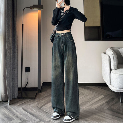 fleece-lined Thickened Cement Grey Wide Leg Jeans Women's High Waist Wrinkled Autumn and Winter Retro Loose Casual Floor Trousers