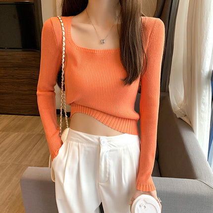 Square Neck Sweater Women's Spring and Autumn Thin Small Super A Figure High Waist Short Outer Knitted Top