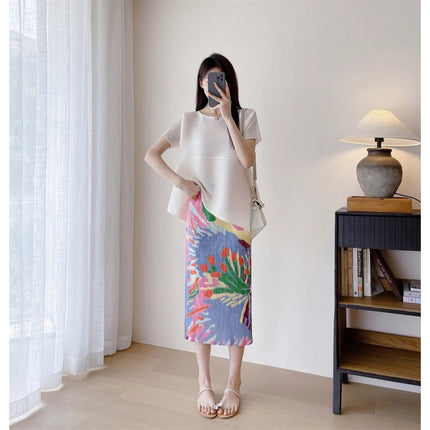 Miyake Pleated Irregular Top Gorgeous Fireworks Printed Opening Midi Skirt Heavy Industry Pleated Straight Skirt Women