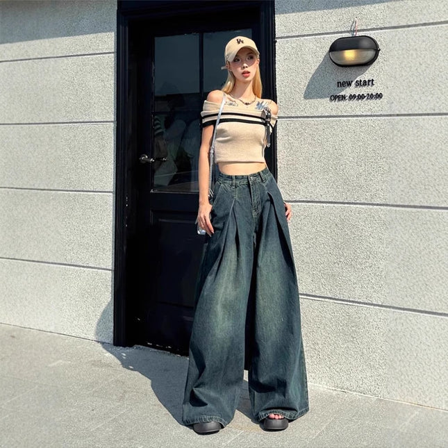 Vintage Niche Loose Drape Wide-Leg Jeans for Women Spring New Design Distressed Versatile Floor-Length Pants