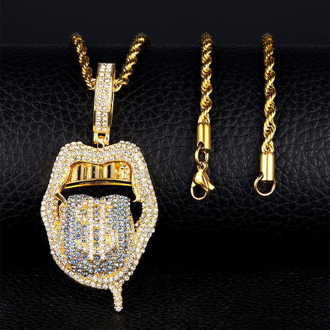 Full Diamond Skull Lickitone Dollar Pendant Design Creative Simple Retro Hip Hop Pendant Cross-border Exclusive