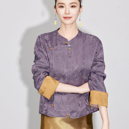 【Zhīhé Táng】New Chinese-Style Jacquard Pendant Jacket for Women, Autumn National Style Round Neck Buttoned Long-Sleeve Top 3969