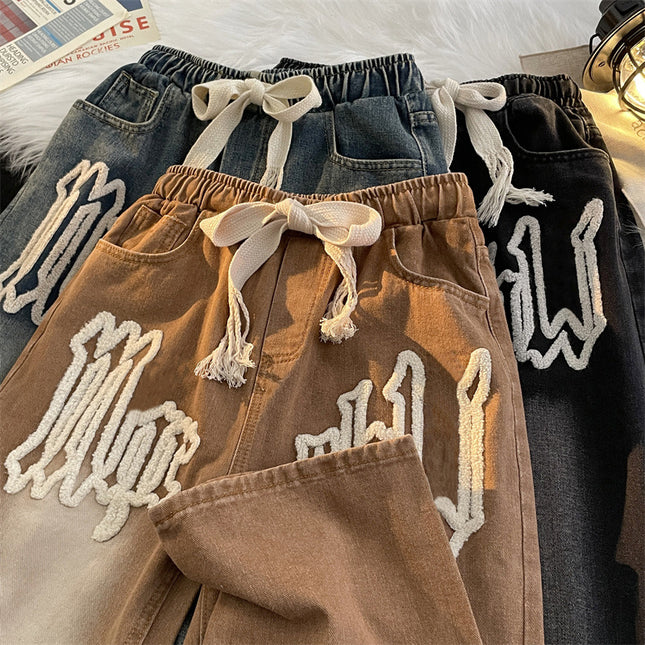 Jeans Men's Four Seasons Trendy All-Match Straight Loose Casual Trousers Towel Embroidered High Street Wide-Leg Denim Pants