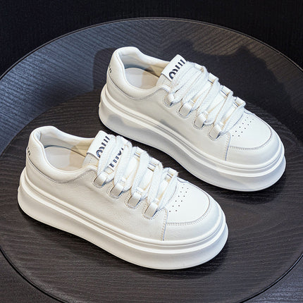 Genuine Leather Thick-Soled White Sneakers for Women, 2025 Autumn Breathable Sports Casual Shoes, Fashionable Platform Shoes, Height-Increasing Sneakers, Comfortable