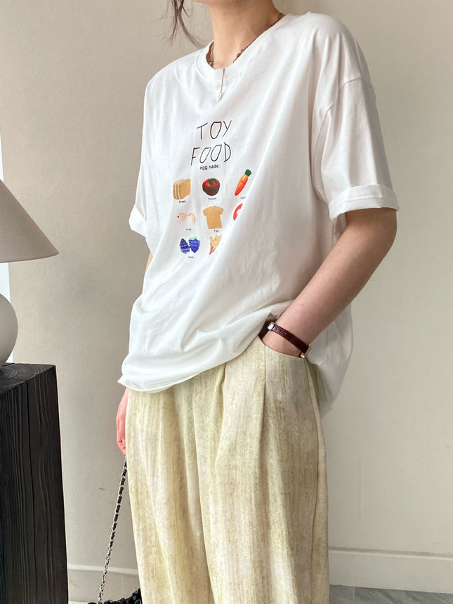 South Fish in stock! The breeze is blowing! Korean Style Fruit and Vegetable Printed Loose Cotton Short-sleeved T-shirt for Women