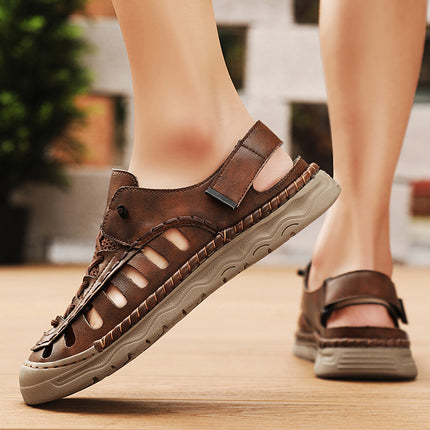Men's Soft Leather Hollow Hole Shoes, Trendy Driving Deodorant, Anti-Slip Soft Sole Toe-Cap Breathable Slippers, Summer Driver Sandals