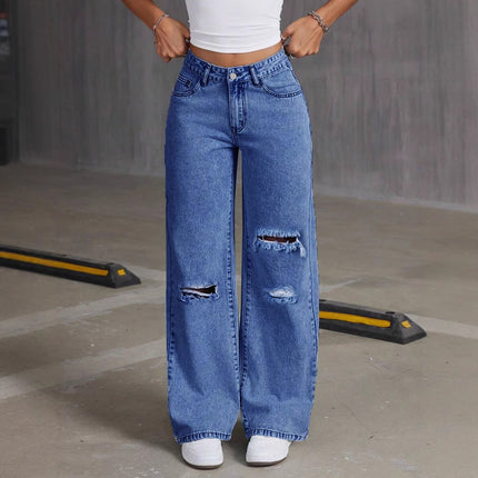 European and American Cross-Border 2025 New Loose Light Blue Washed Wide-Leg Jeans Pure Color Pants Women Jeans