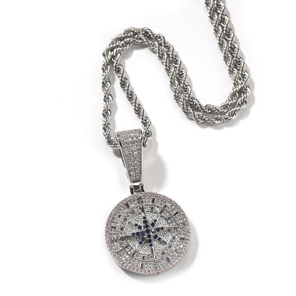 European and American hip-hop diamond-encrusted gold compass pendant necklace personality retro copper material pendant creative cross-border jewelry