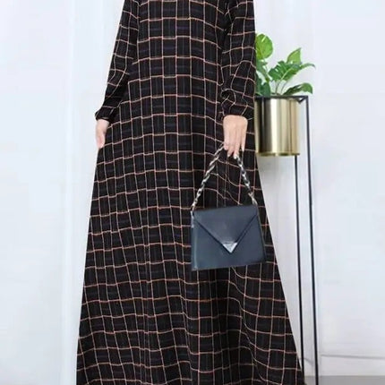 In-Stock Women's Cotton-Linen Vintage Long-Sleeve Plaid Round-Neck Floor-Length Dress Casual Loose Spring and Autumn Robe