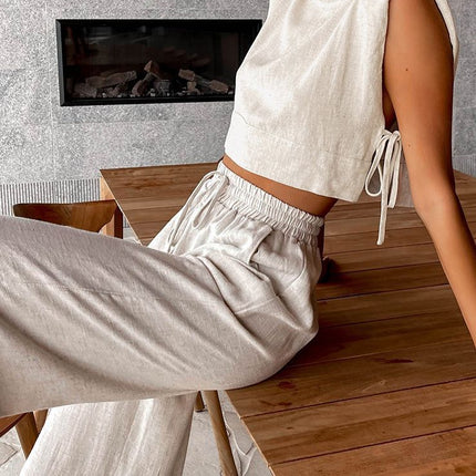 Fashion Cotton Linen suit Women's 2024 Summer New Shoulder Pad Sleeveless Top Trousers Two-piece Set of European and American Casual